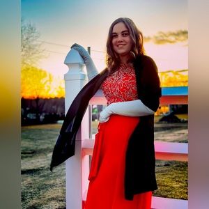 Red prom dress(size 12) by Tiffany Designs, gloves, fan, and purse all for $15.